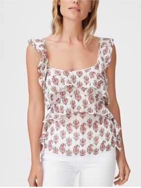 Club Monaco Floral Ruffle Tank Top - White with Pink Floral - M